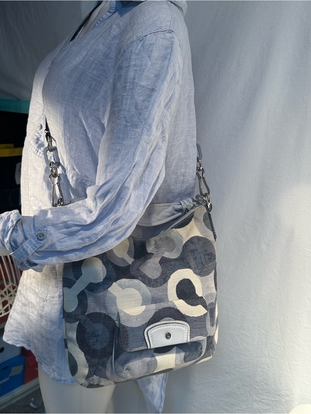 Coach Blue & White Signature Chain-Detail Hobo - Picture 9 of 14